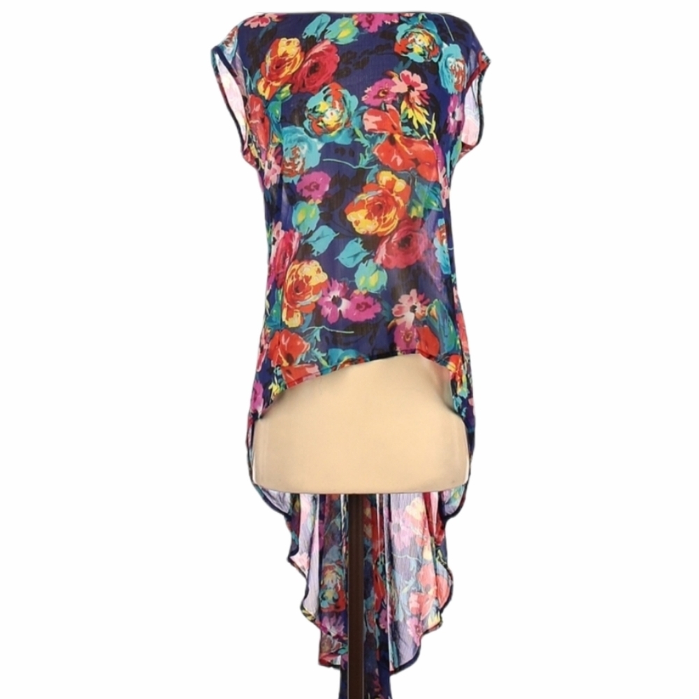 Mimi Chica Sheer Floral Top Deep Vee Back Cape Shirt Size Small
